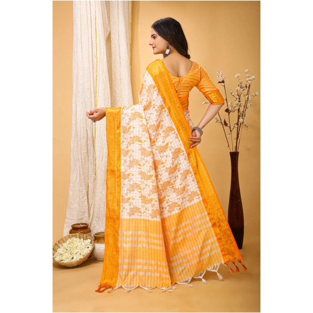 Snuggle Spot Women's Soft Cotton Silk Printed Saree With Unstitched Blouse 5.5Mtr (Yellow)