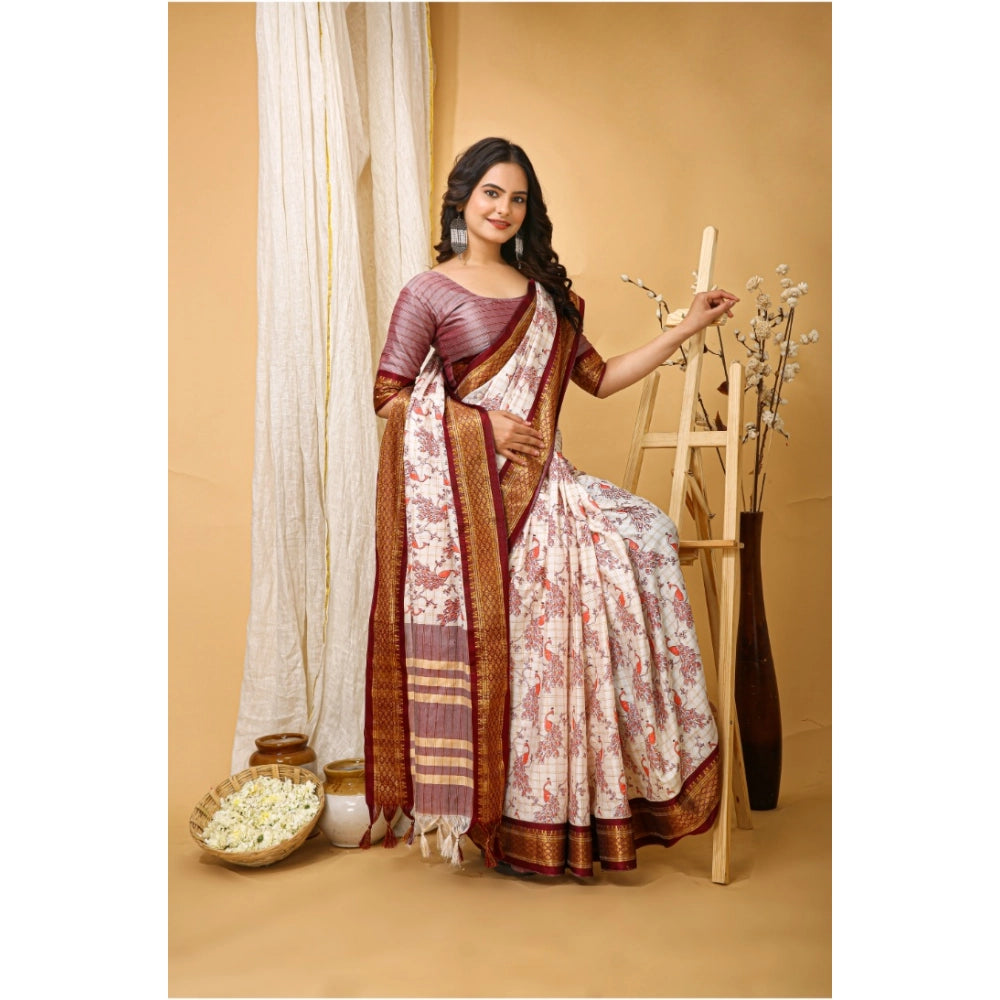 Snuggle Spot Women's Soft Cotton Silk Printed Saree With Unstitched Blouse 5.5Mtr (Maroon)