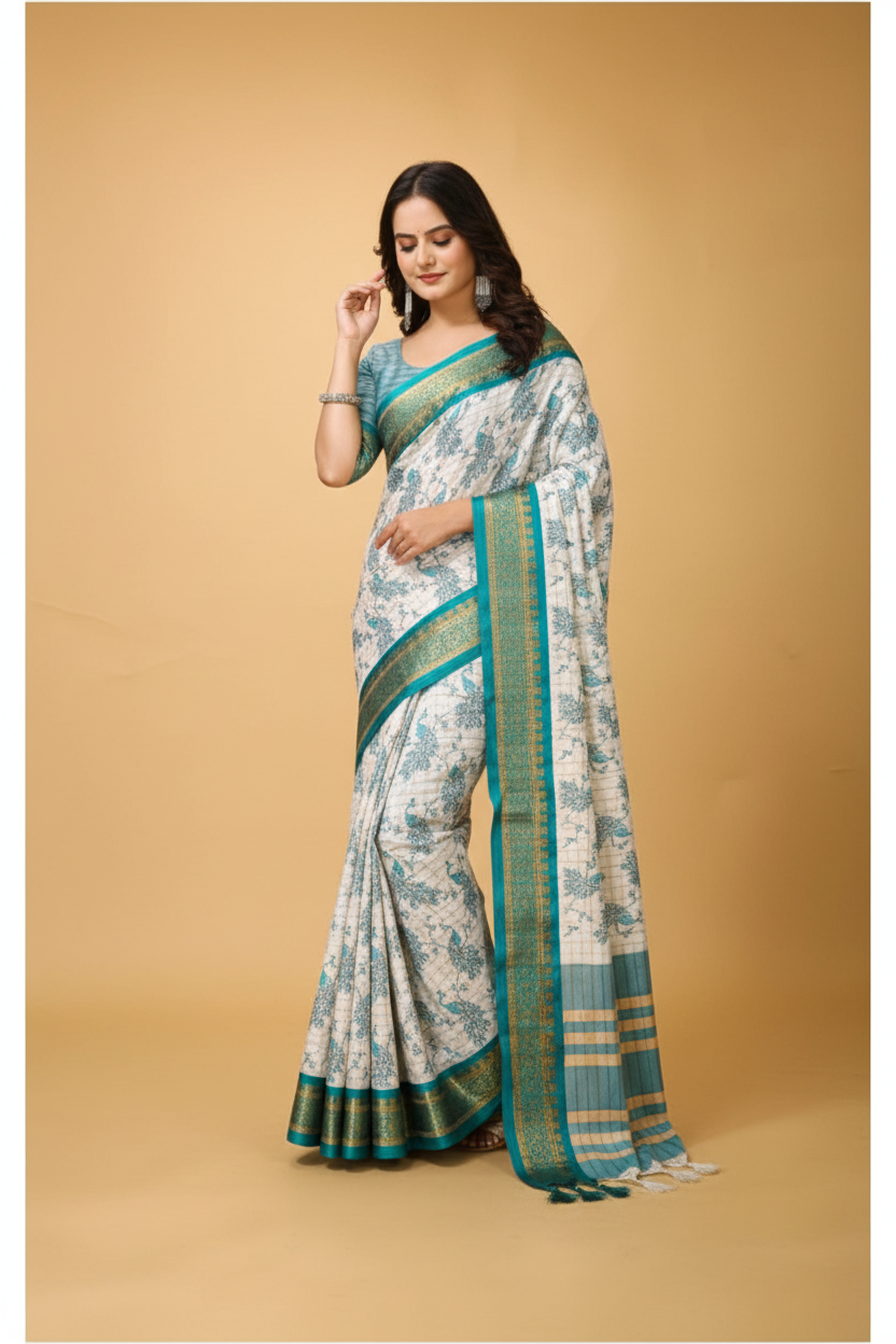 Snuggle Spot Women's Soft Cotton Silk Printed Saree With Unstitched Blouse 5.5Mtr (Turquoise)