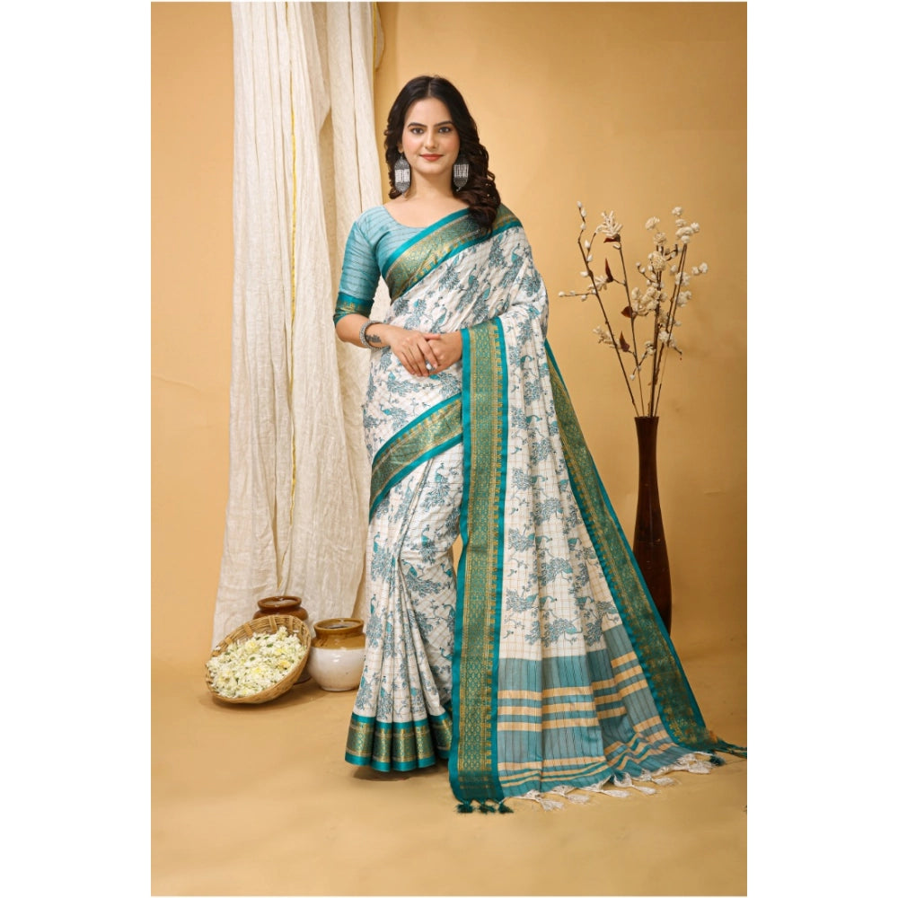 Snuggle Spot Women's Soft Cotton Silk Printed Saree With Unstitched Blouse 5.5Mtr (Turquoise)