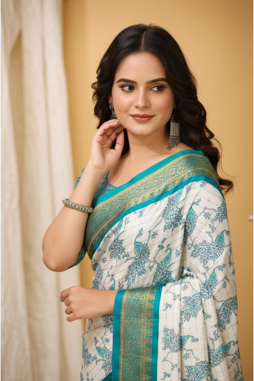 Snuggle Spot Women's Soft Cotton Silk Printed Saree With Unstitched Blouse 5.5Mtr (Turquoise)
