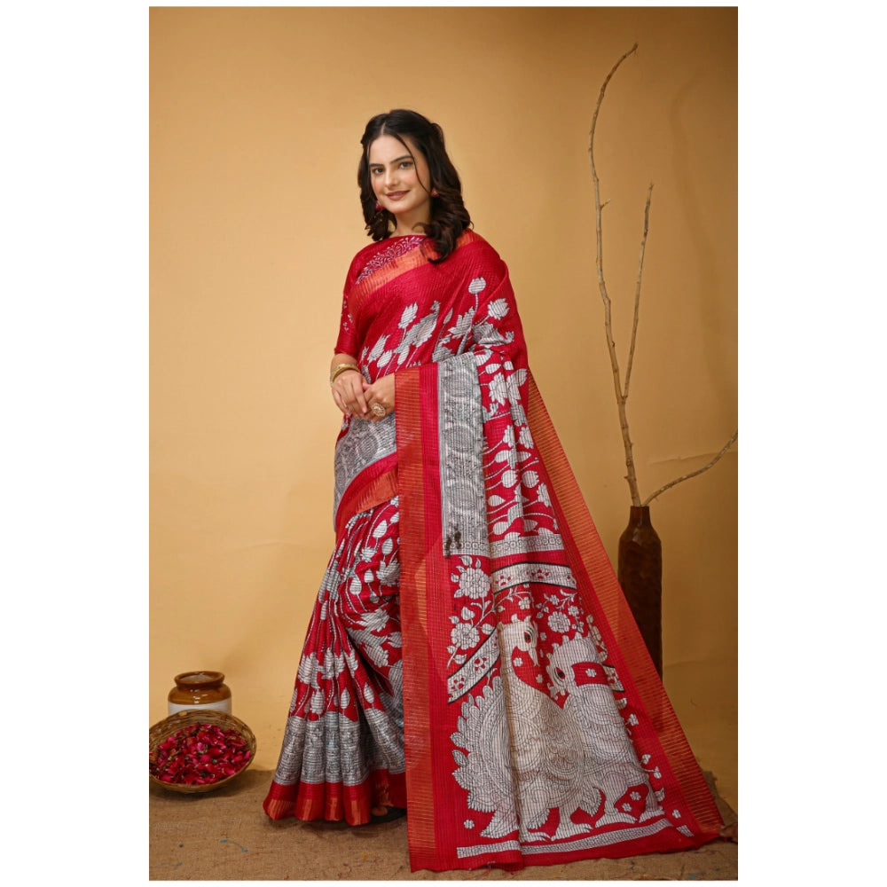 Snuggle Spot Women's Soft Handloom Cotton Kalamkari Printed Saree With Unstitched Blouse 5.5Mtr (Pink)