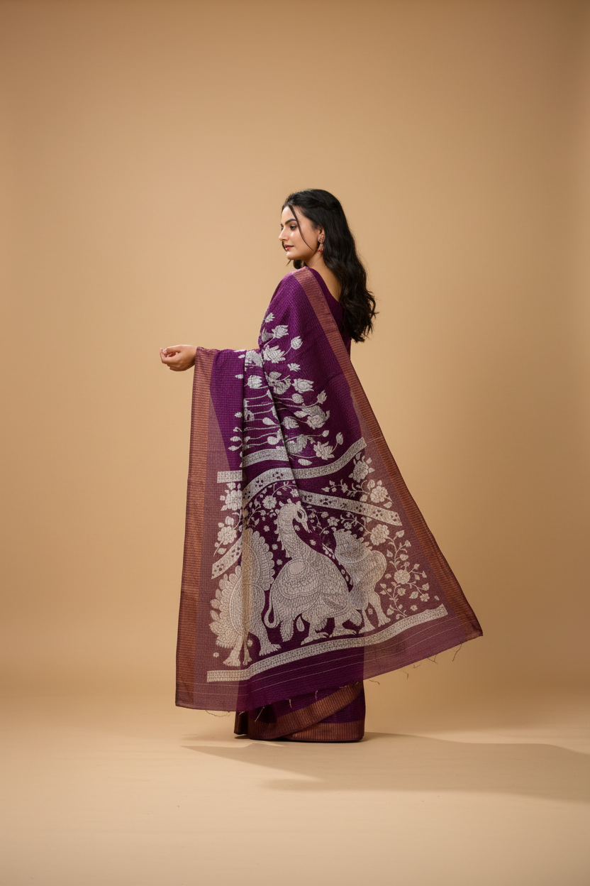 Snuggle Spot Women's Soft Handloom Cotton Kalamkari Printed Saree With Unstitched Blouse 5.5Mtr (Purple)