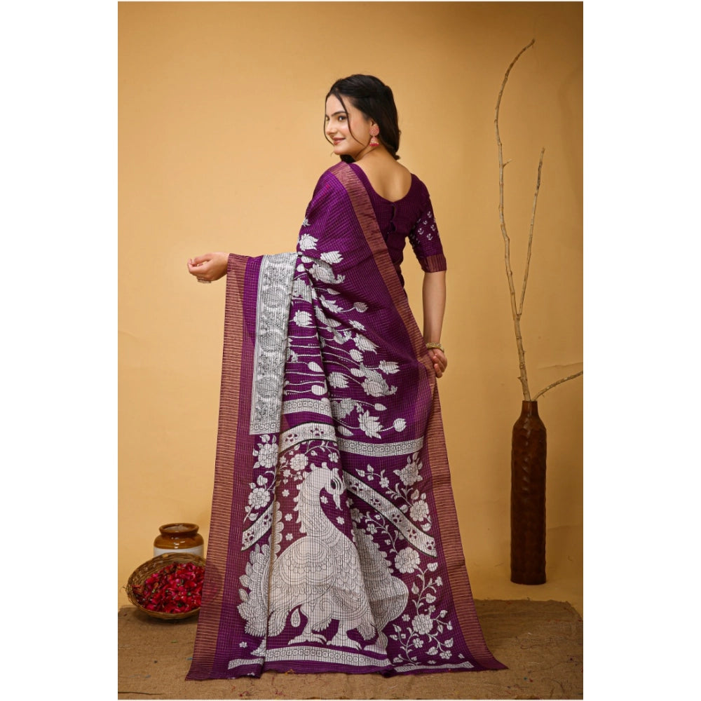Snuggle Spot Women's Soft Handloom Cotton Kalamkari Printed Saree With Unstitched Blouse 5.5Mtr (Purple)