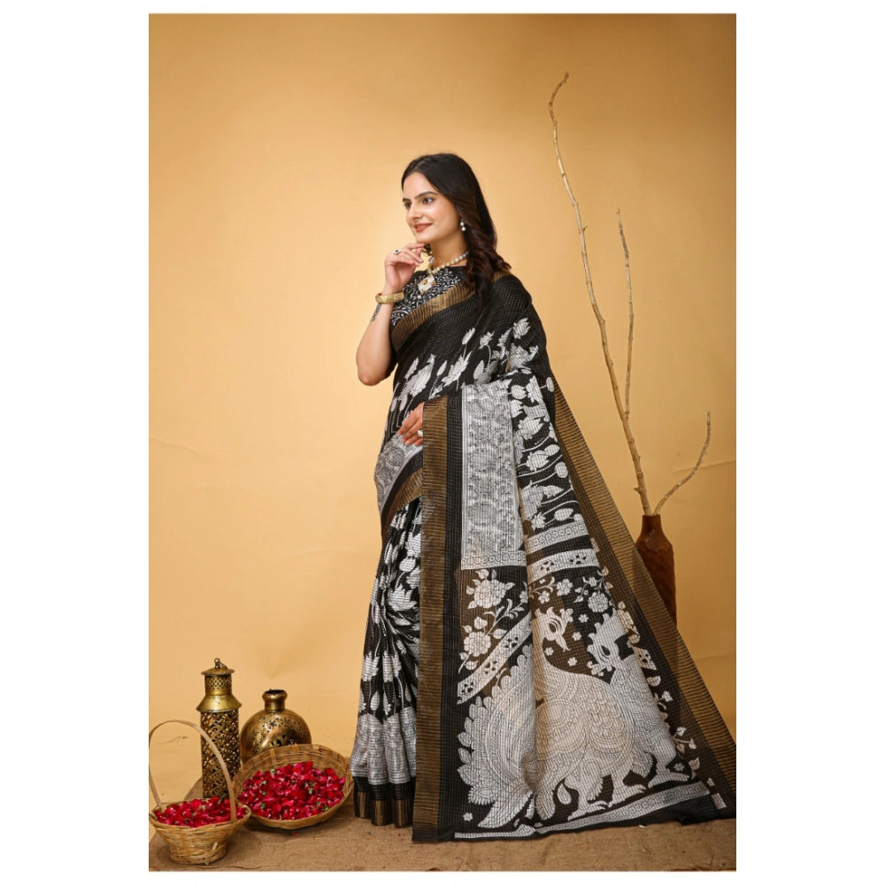 Snuggle Spot Women's Soft Handloom Cotton Kalamkari Printed Saree With Unstitched Blouse 5.5Mtr (Black)