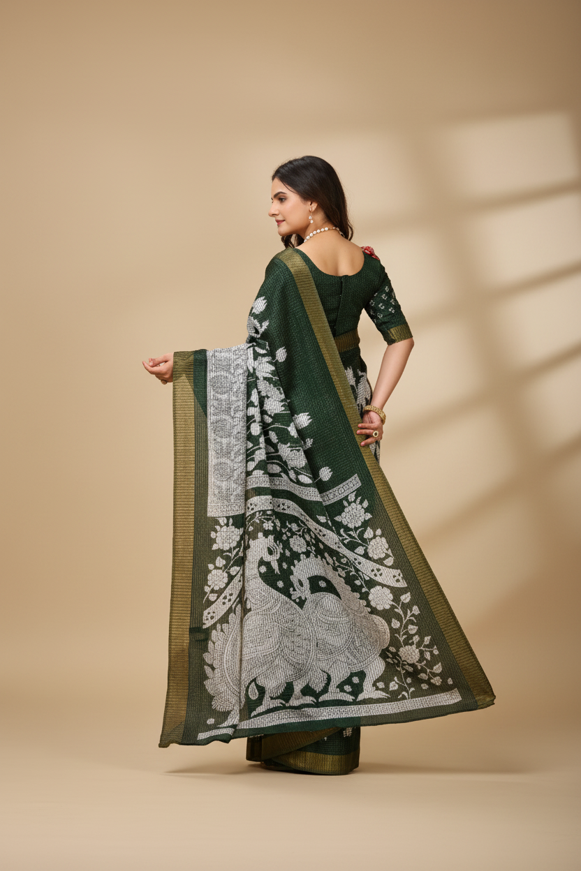 Snuggle Spot Women's Soft Handloom Cotton Kalamkari Printed Saree With Unstitched Blouse 5.5Mtr (Green)