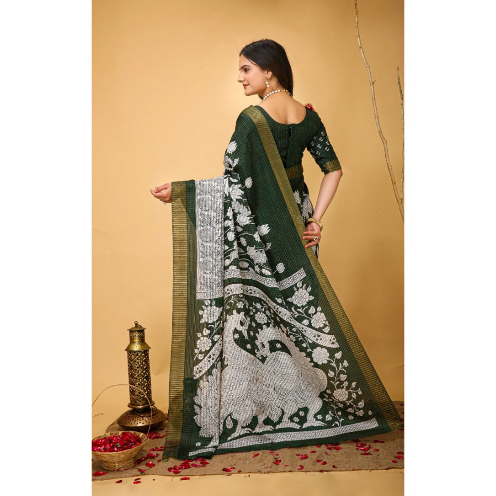 Snuggle Spot Women's Soft Handloom Cotton Kalamkari Printed Saree With Unstitched Blouse 5.5Mtr (Green)