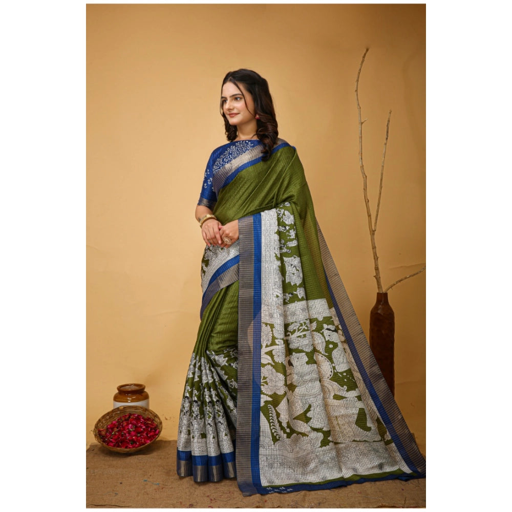 Snuggle Spot Women's Soft Handloom Cotton Kalamkari Printed Saree With Unstitched Blouse 5.5Mtr (Mehendi)