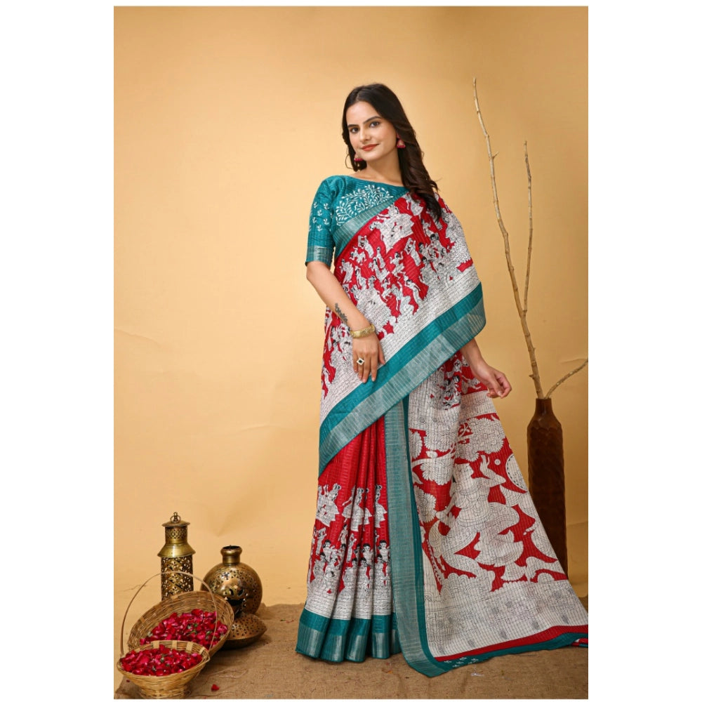 Snuggle Spot Women's Soft Handloom Cotton Kalamkari Printed Saree With Unstitched Blouse 5.5Mtr (Red)