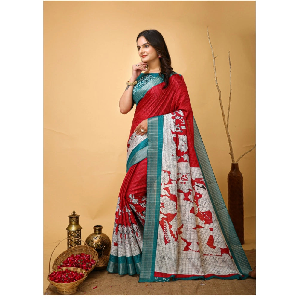 Snuggle Spot Women's Soft Handloom Cotton Kalamkari Printed Saree With Unstitched Blouse 5.5Mtr (Red)