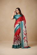 Snuggle Spot Women's Soft Handloom Cotton Kalamkari Printed Saree With Unstitched Blouse 5.5Mtr (Red)