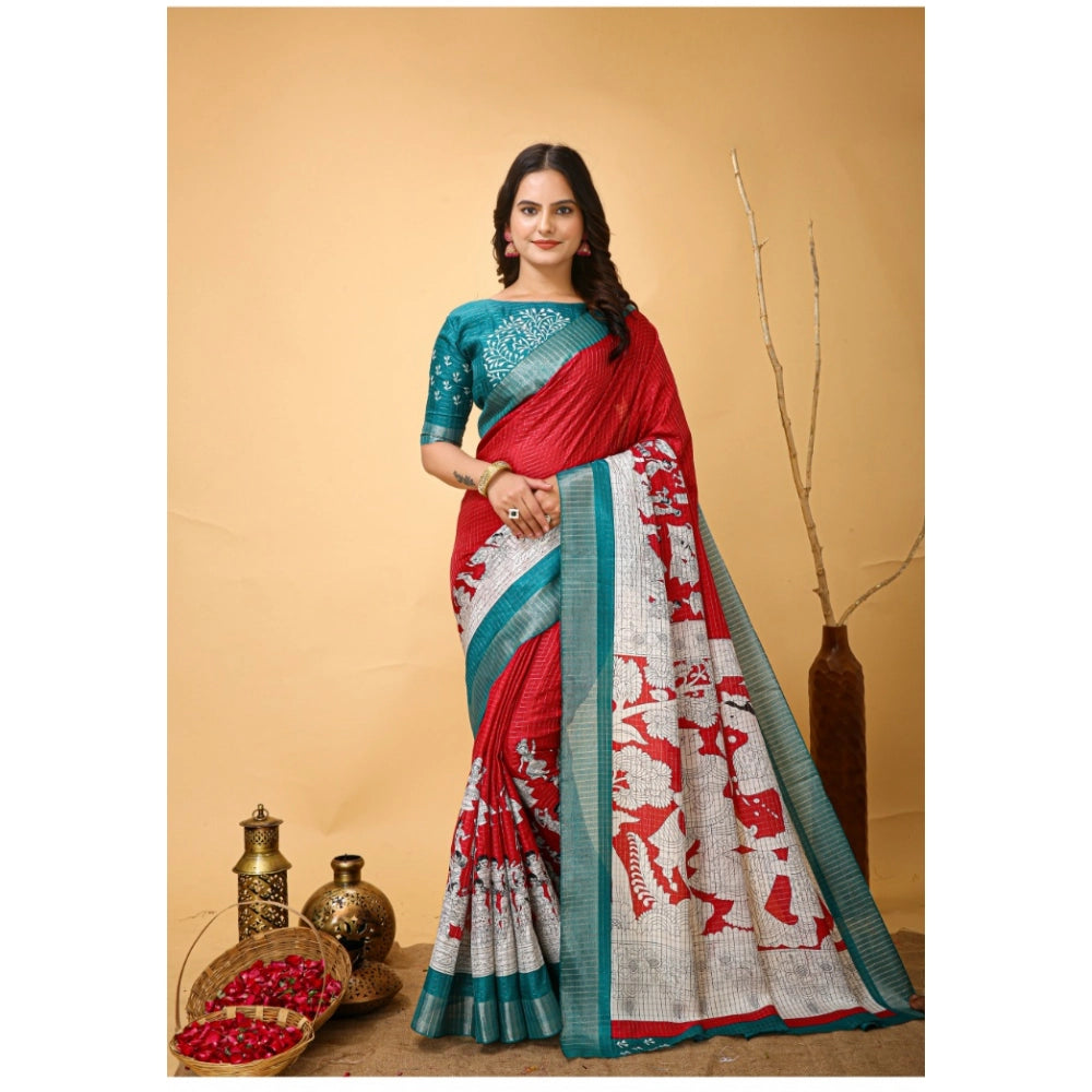 Snuggle Spot Women's Soft Handloom Cotton Kalamkari Printed Saree With Unstitched Blouse 5.5Mtr (Red)