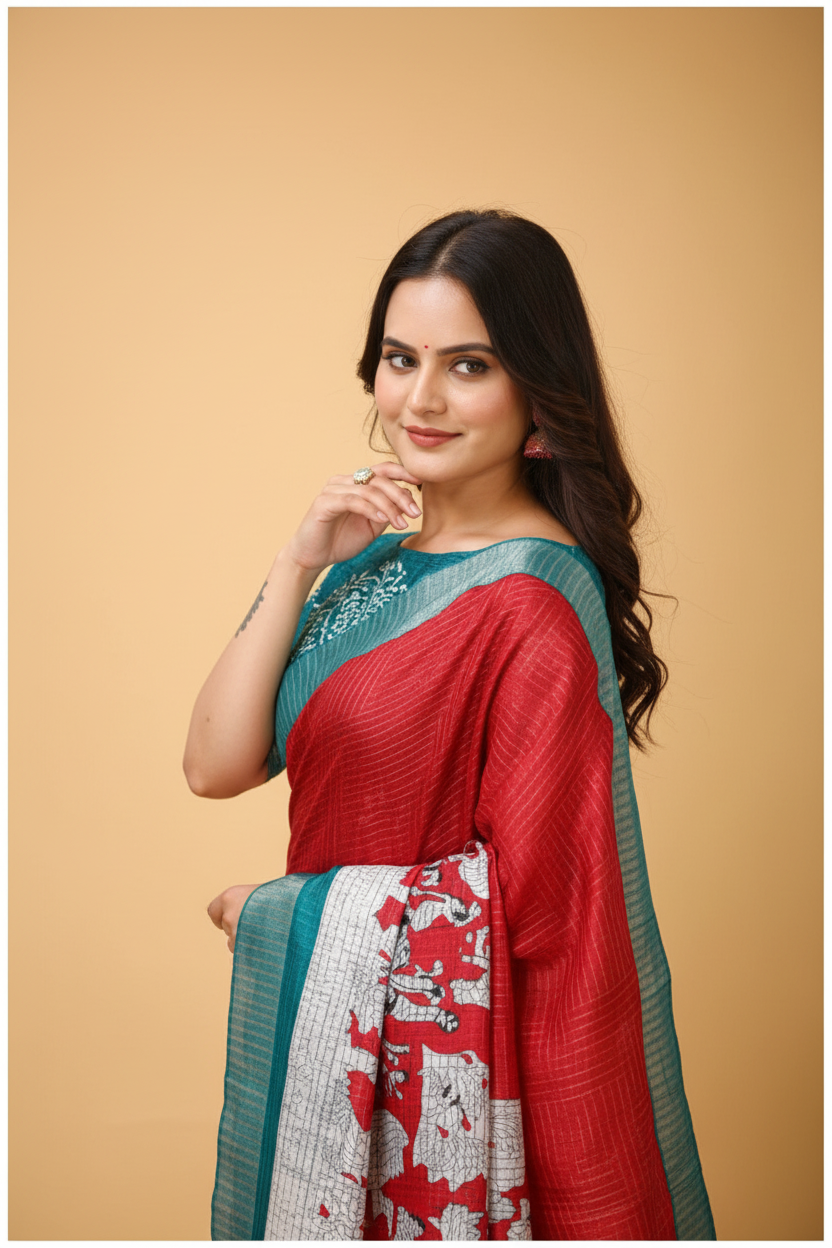 Snuggle Spot Women's Soft Handloom Cotton Kalamkari Printed Saree With Unstitched Blouse 5.5Mtr (Red)