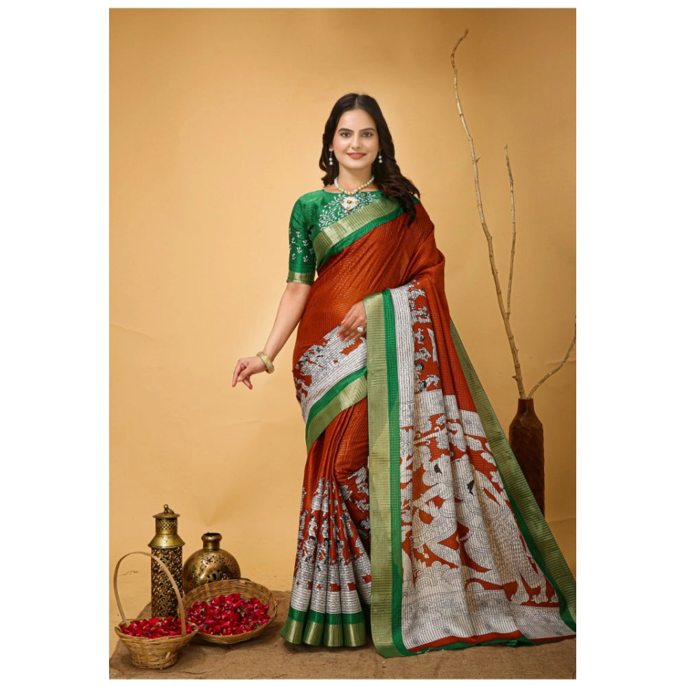 Snuggle Spot Women's Soft Handloom Cotton Kalamkari Printed Saree With Unstitched Blouse 5.5Mtr (Orange)