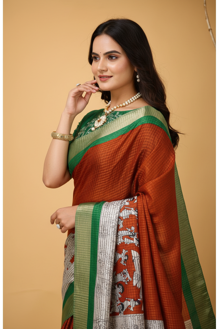 Snuggle Spot Women's Soft Handloom Cotton Kalamkari Printed Saree With Unstitched Blouse 5.5Mtr (Orange)