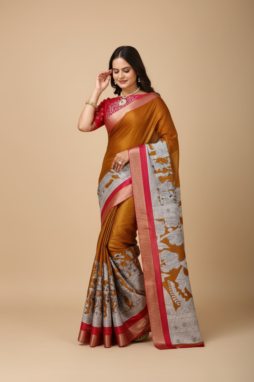 Snuggle Spot Women's Soft Handloom Cotton Kalamkari Printed Saree With Unstitched Blouse 5.5Mtr (Mustard)