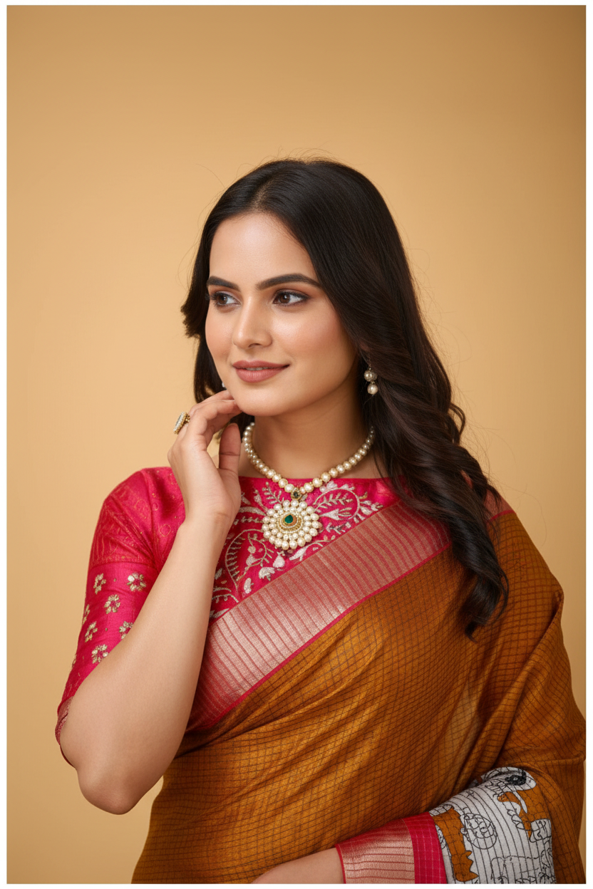 Snuggle Spot Women's Soft Handloom Cotton Kalamkari Printed Saree With Unstitched Blouse 5.5Mtr (Mustard)