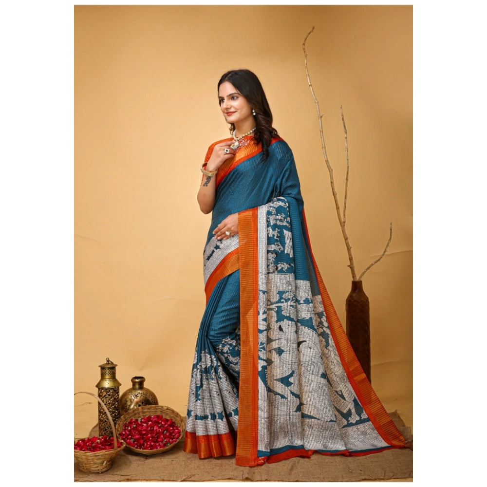 Snuggle Spot Women's Soft Handloom Cotton Kalamkari Printed Saree With Unstitched Blouse 5.5Mtr (Teal Blue)