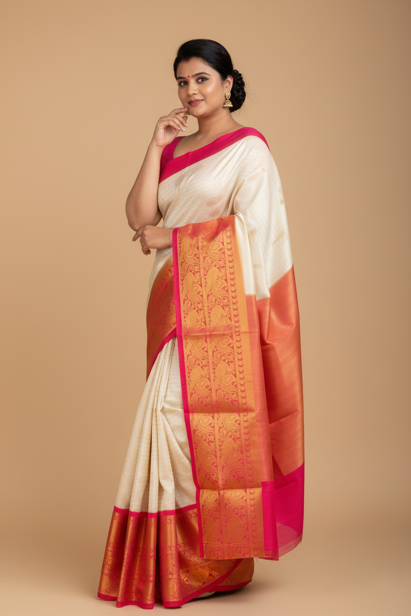 Snuggle Spot Women's Soft Lichi Silk Printed Saree With Unstitched Blouse 5.5Mtr (Cream)