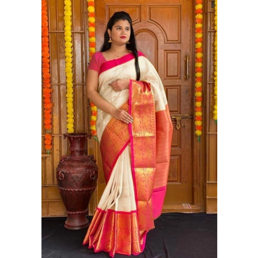 Snuggle Spot Women's Soft Lichi Silk Printed Saree With Unstitched Blouse 5.5Mtr (Cream)
