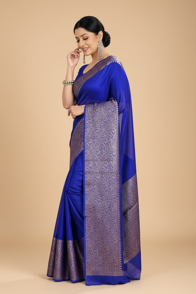 Snuggle Spot Women's Soft Lichi Silk Solid Saree With Unstitched Blouse 5.5Mtr (Blue)