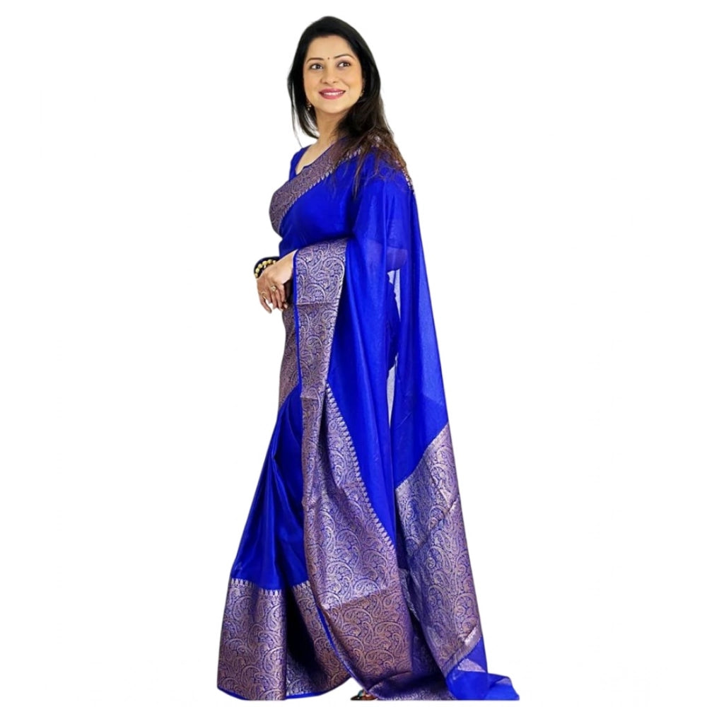 Snuggle Spot Women's Soft Lichi Silk Solid Saree With Unstitched Blouse 5.5Mtr (Blue)