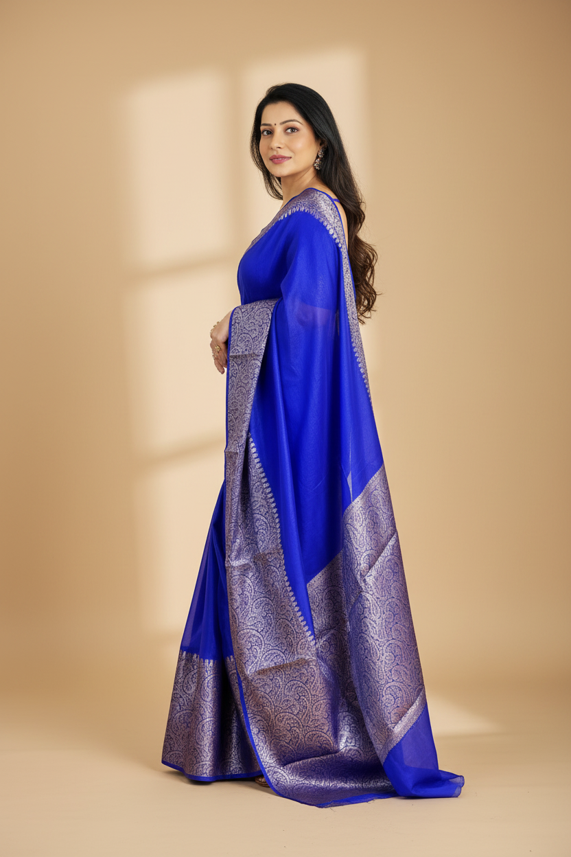 Snuggle Spot Women's Soft Lichi Silk Solid Saree With Unstitched Blouse 5.5Mtr (Blue)