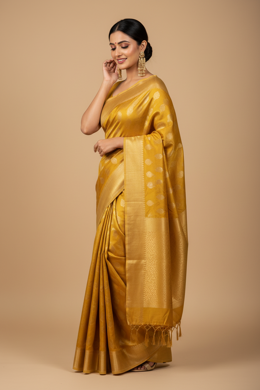 Snuggle Spot Women's Soft Lichi Silk Printed Saree With Unstitched Blouse 5.5Mtr (Yellow)