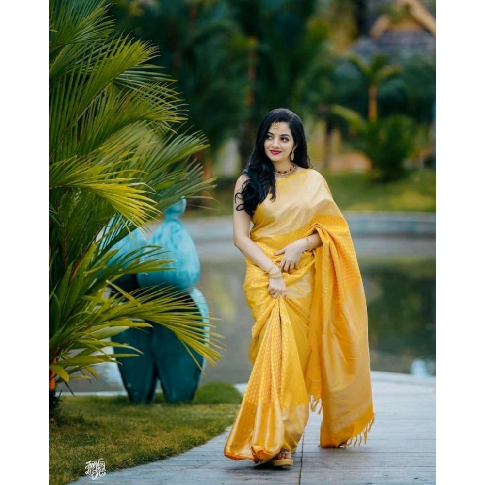 Snuggle Spot Women's Soft Lichi Silk Printed Saree With Unstitched Blouse 5.5Mtr (Yellow)