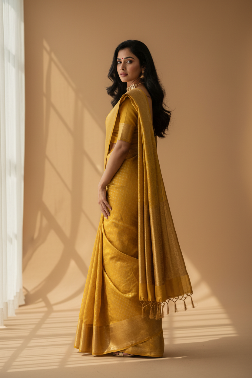 Snuggle Spot Women's Soft Lichi Silk Printed Saree With Unstitched Blouse 5.5Mtr (Yellow)