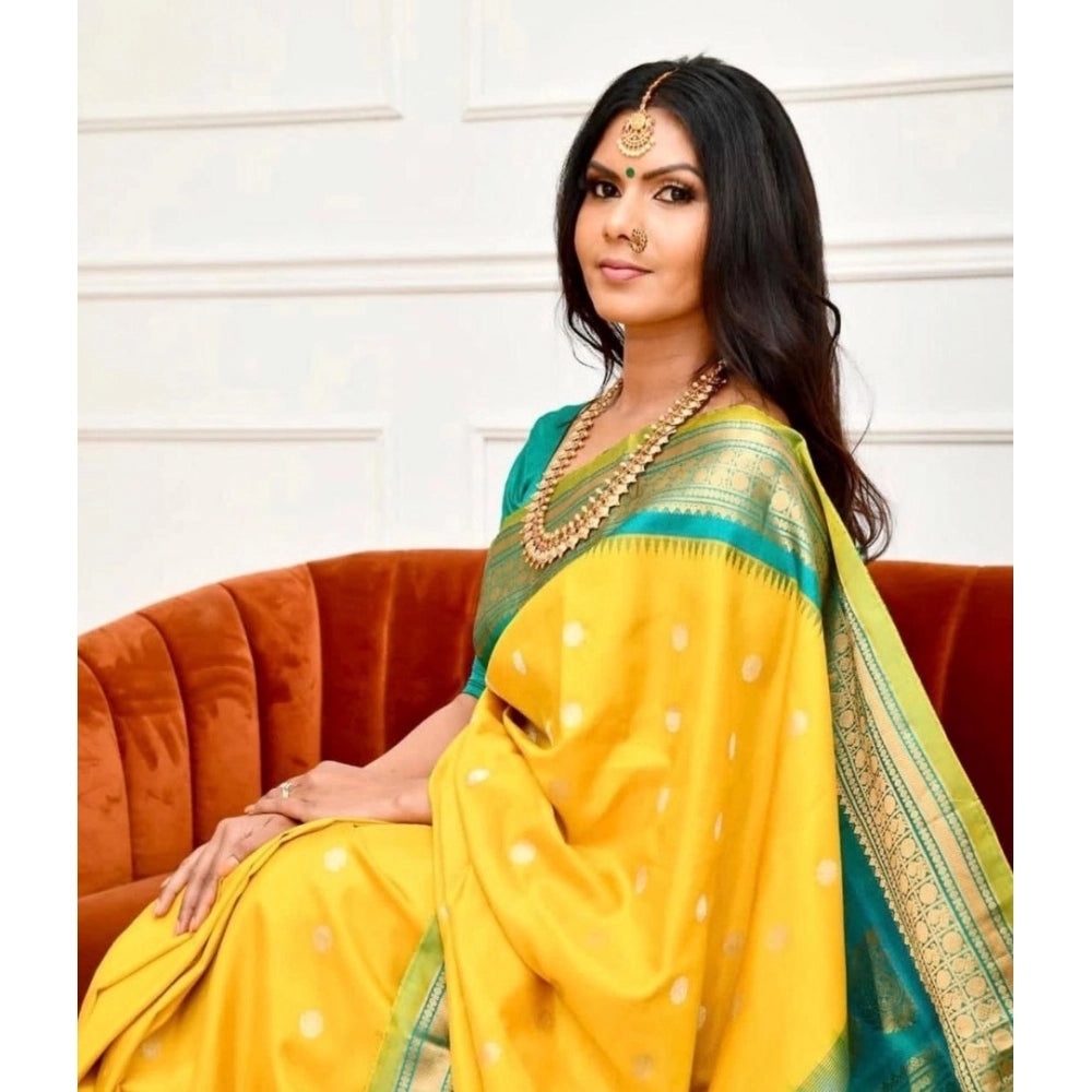 Snuggle Spot Women's Soft Lichi Silk Printed Saree With Unstitched Blouse 5.5Mtr (Yellow)