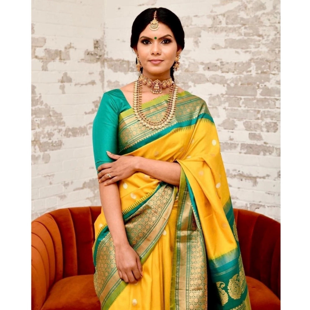 Snuggle Spot Women's Soft Lichi Silk Printed Saree With Unstitched Blouse 5.5Mtr (Yellow)