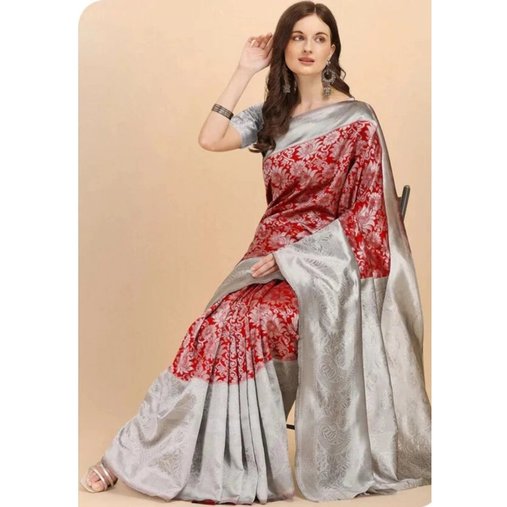 Snuggle Spot Women's Soft Lichi Silk Printed Saree With Unstitched Blouse 5.5Mtr (Red)