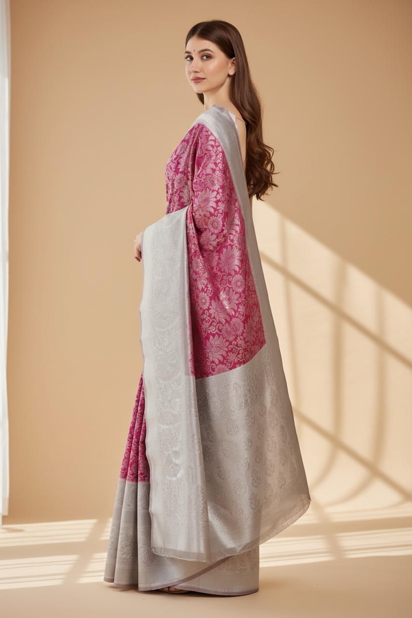 Snuggle Spot Women's Soft Lichi Silk Printed Saree With Unstitched Blouse 5.5Mtr (Pink)