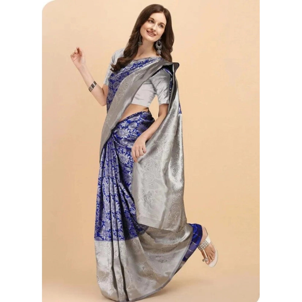 Snuggle Spot Women's Soft Lichi Silk Printed Saree With Unstitched Blouse 5.5Mtr (Blue)