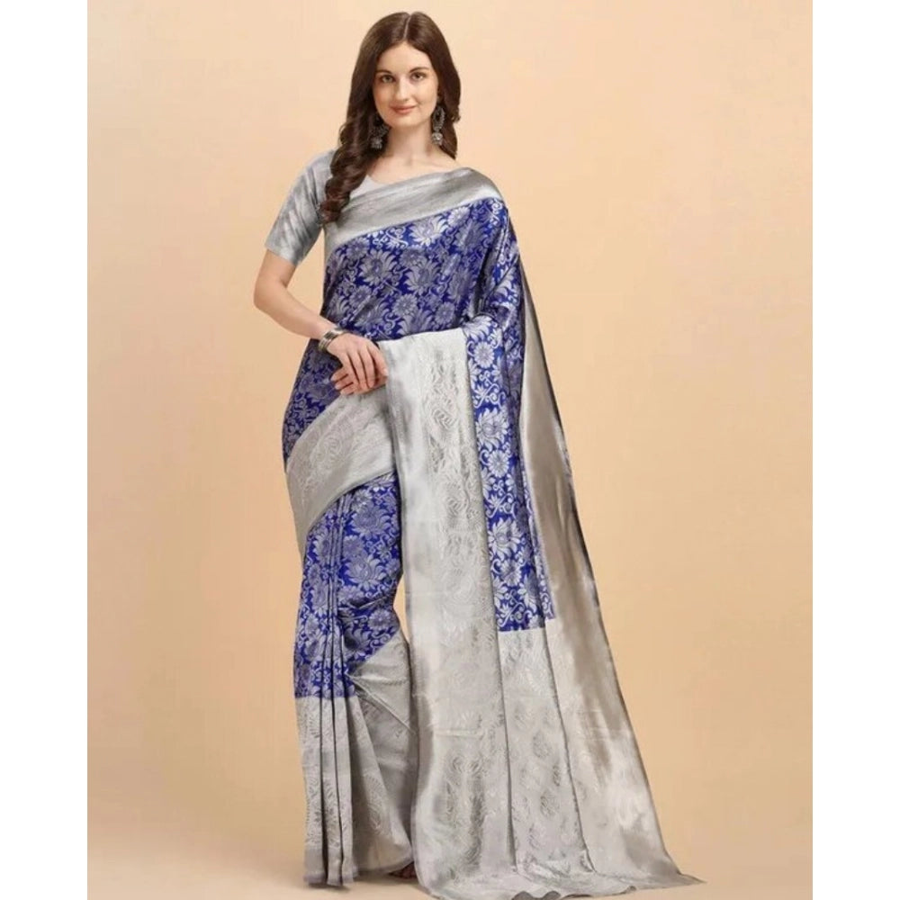 Snuggle Spot Women's Soft Lichi Silk Printed Saree With Unstitched Blouse 5.5Mtr (Blue)