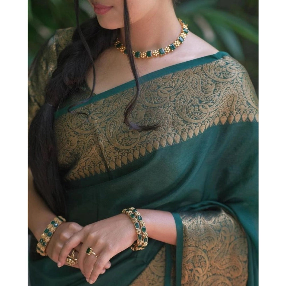 Snuggle Spot Women's Soft Lichi Silk Solid Saree With Unstitched Blouse 5.5Mtr (Green)