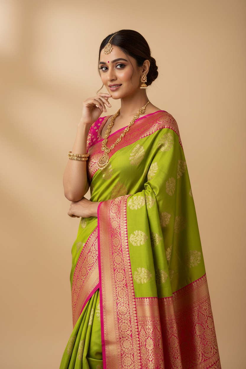 Snuggle Spot Women's Soft Lichi Silk Printed Saree With Unstitched Blouse 5.5Mtr (Green)