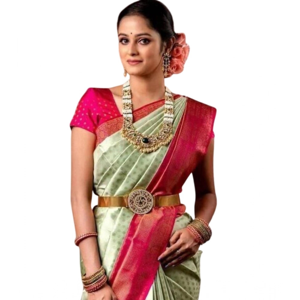 Snuggle Spot Women's Soft Lichi Silk Printed Saree With Unstitched Blouse 5.5Mtr (Light Green)