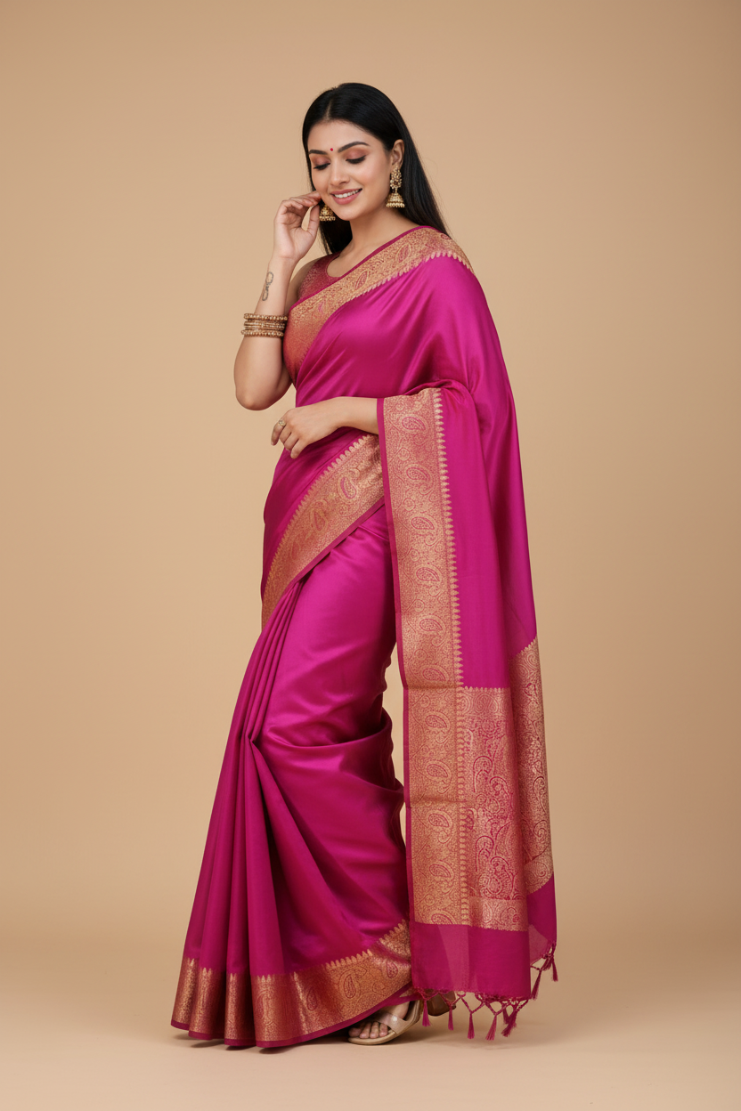 Snuggle Spot Women's Soft Lichi Silk Solid Saree With Unstitched Blouse 5.5Mtr (Pink)