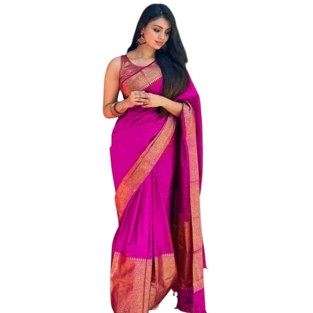 Snuggle Spot Women's Soft Lichi Silk Solid Saree With Unstitched Blouse 5.5Mtr (Pink)