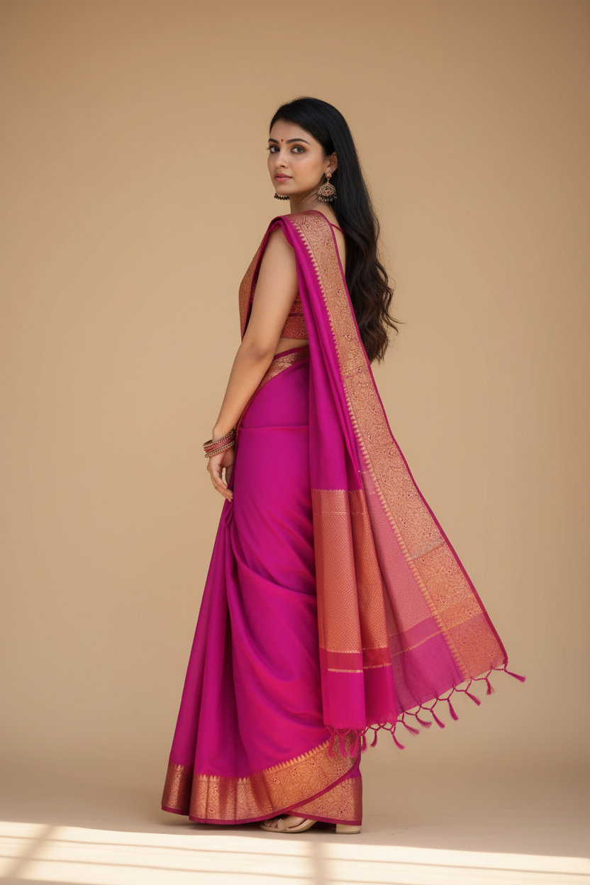 Snuggle Spot Women's Soft Lichi Silk Solid Saree With Unstitched Blouse 5.5Mtr (Pink)