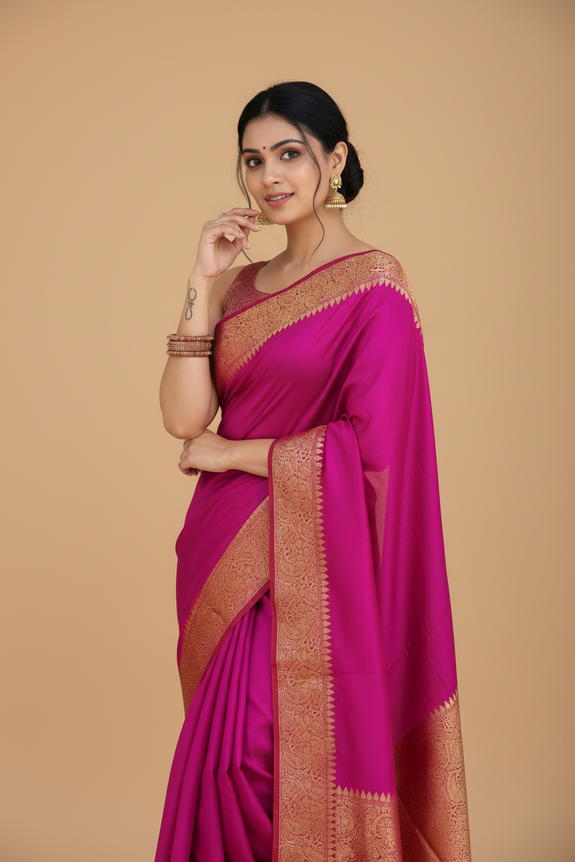 Snuggle Spot Women's Soft Lichi Silk Solid Saree With Unstitched Blouse 5.5Mtr (Pink)