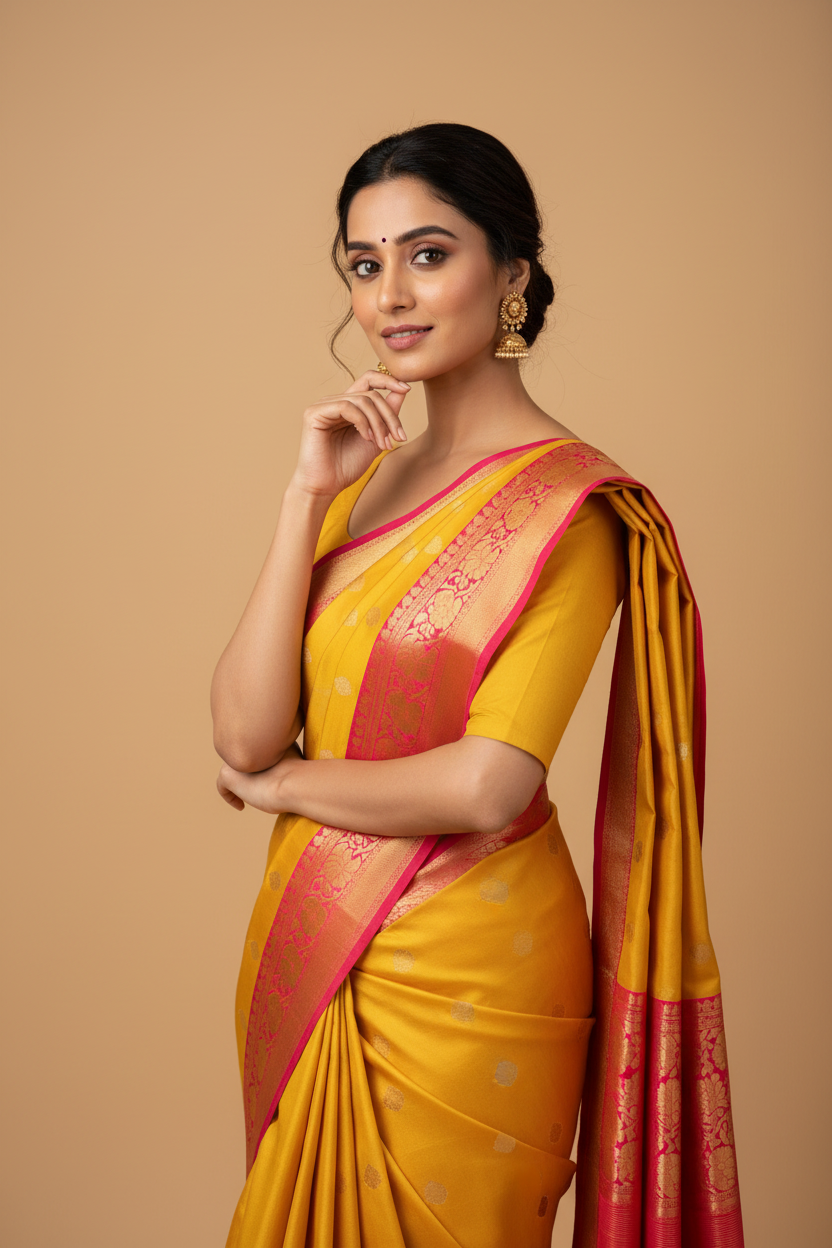 Snuggle Spot Women's Soft Lichi Silk Printed Saree With Unstitched Blouse 5.5Mtr (Yellow)