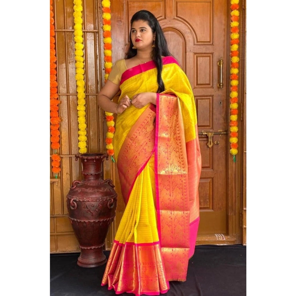 Snuggle Spot Women's Soft Lichi Silk Printed Saree With Unstitched Blouse 5.5Mtr (Yellow)