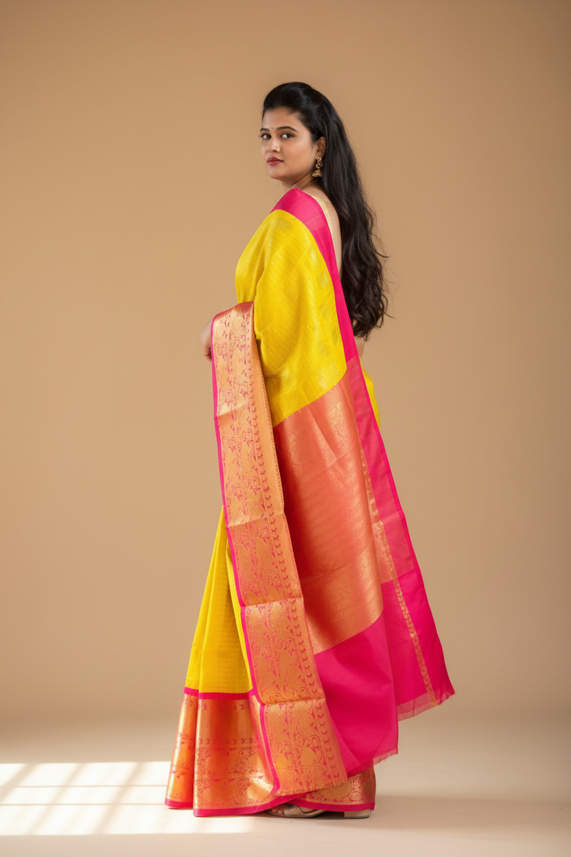 Snuggle Spot Women's Soft Lichi Silk Printed Saree With Unstitched Blouse 5.5Mtr (Yellow)