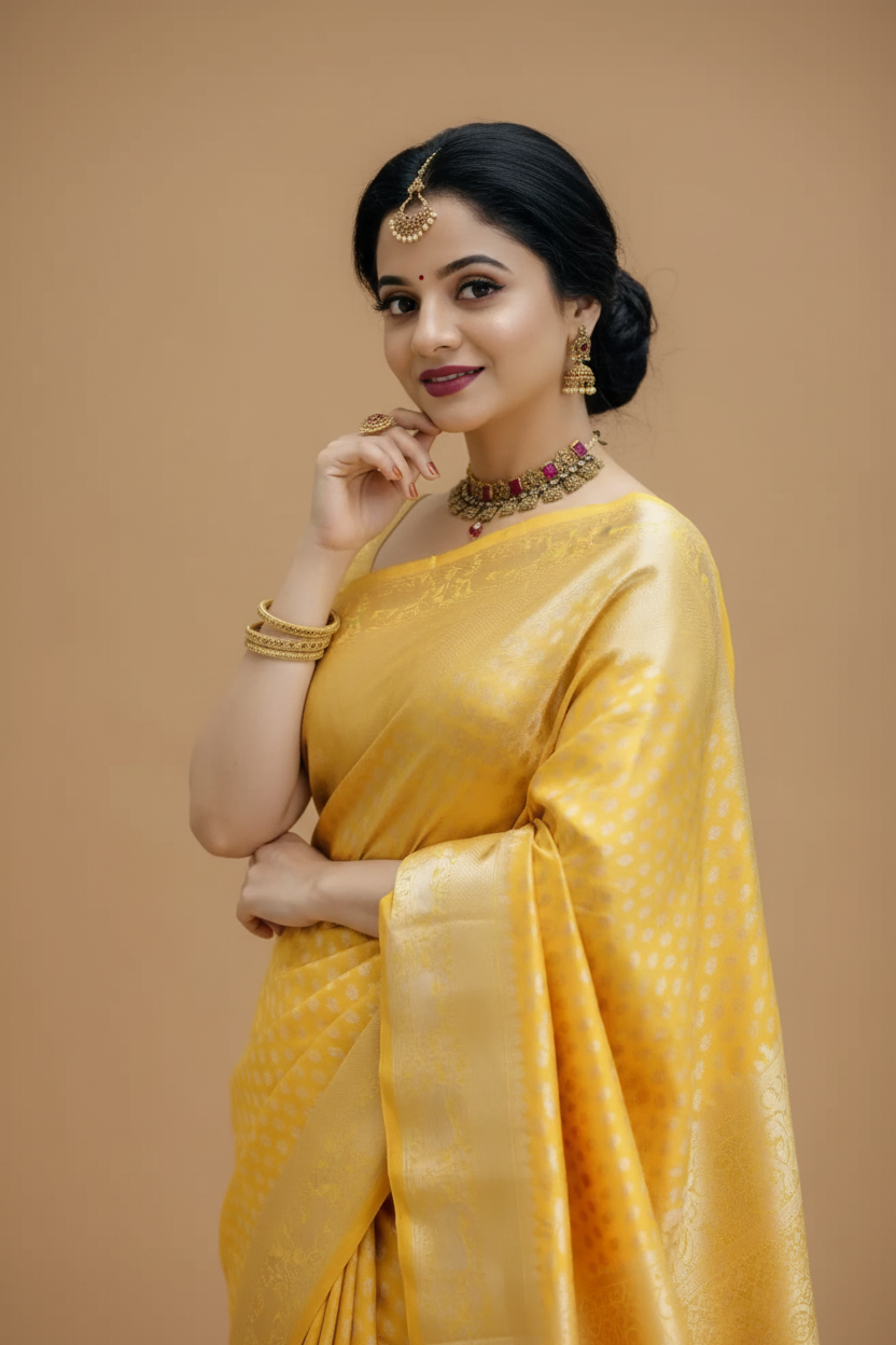 Snuggle Spot Women's Soft Lichi Silk Printed Saree With Unstitched Blouse 5.5Mtr (Yellow)
