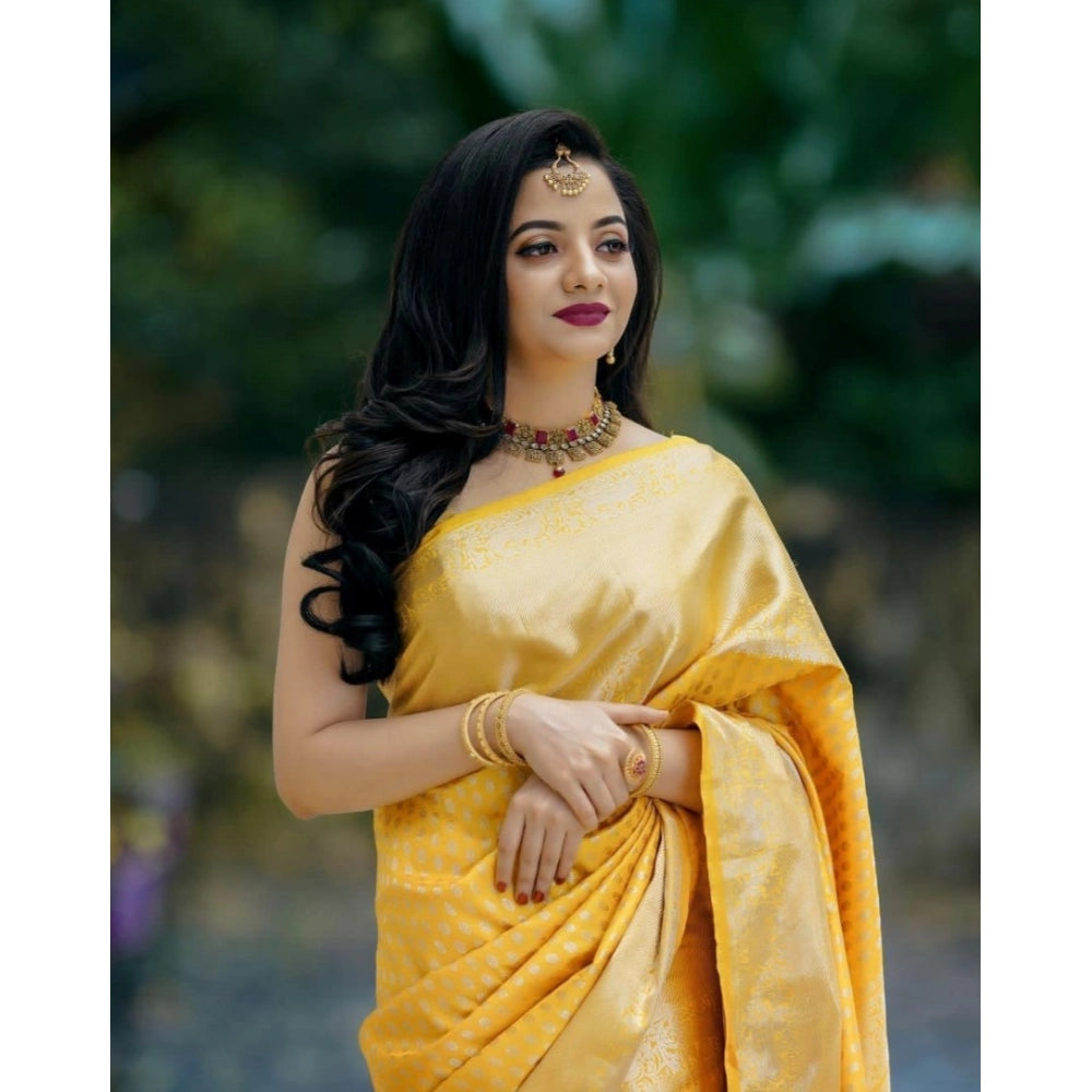 Snuggle Spot Women's Soft Lichi Silk Printed Saree With Unstitched Blouse 5.5Mtr (Yellow)