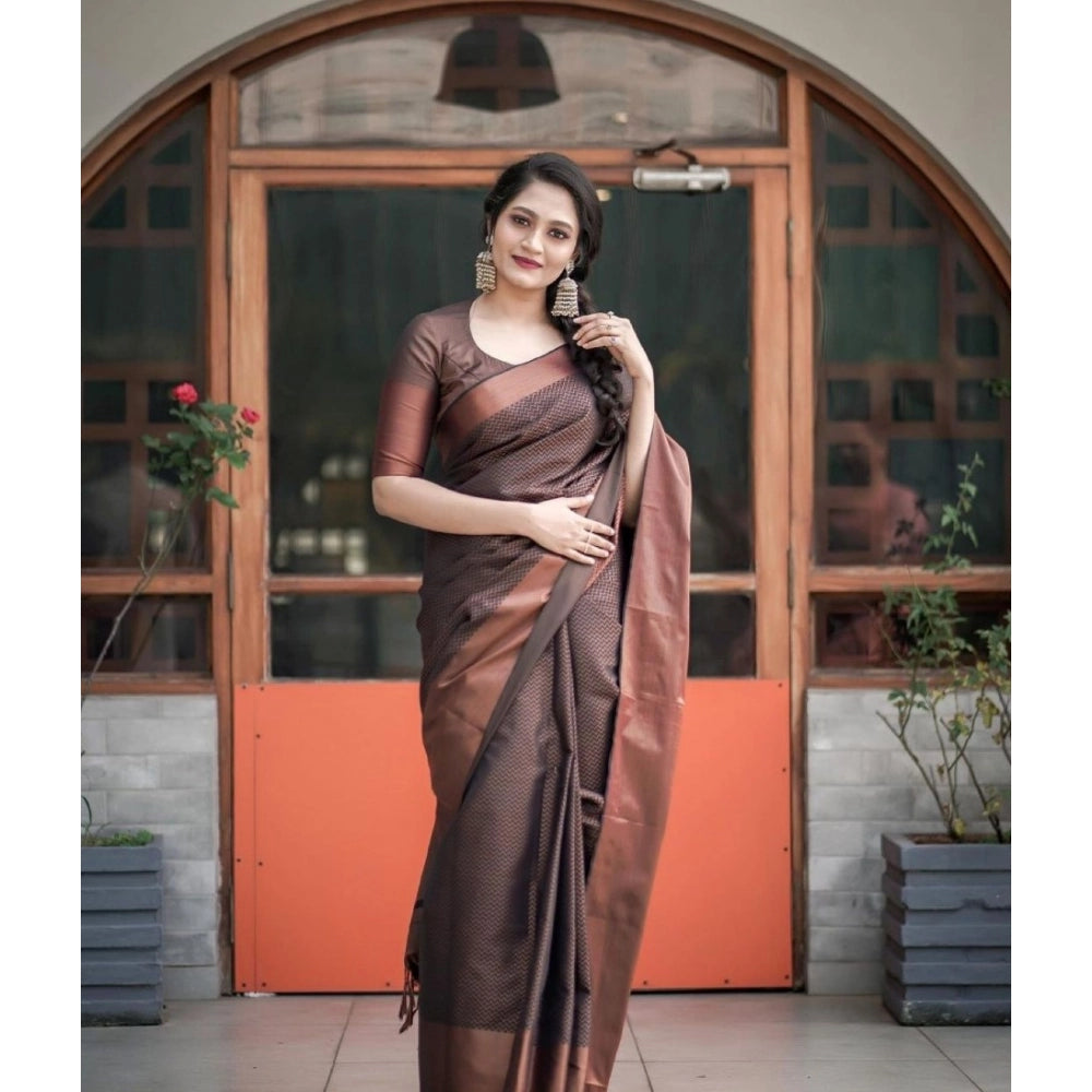 Snuggle Spot Women's Soft Lichi Silk Printed Saree With Unstitched Blouse 5.5Mtr (Brown)