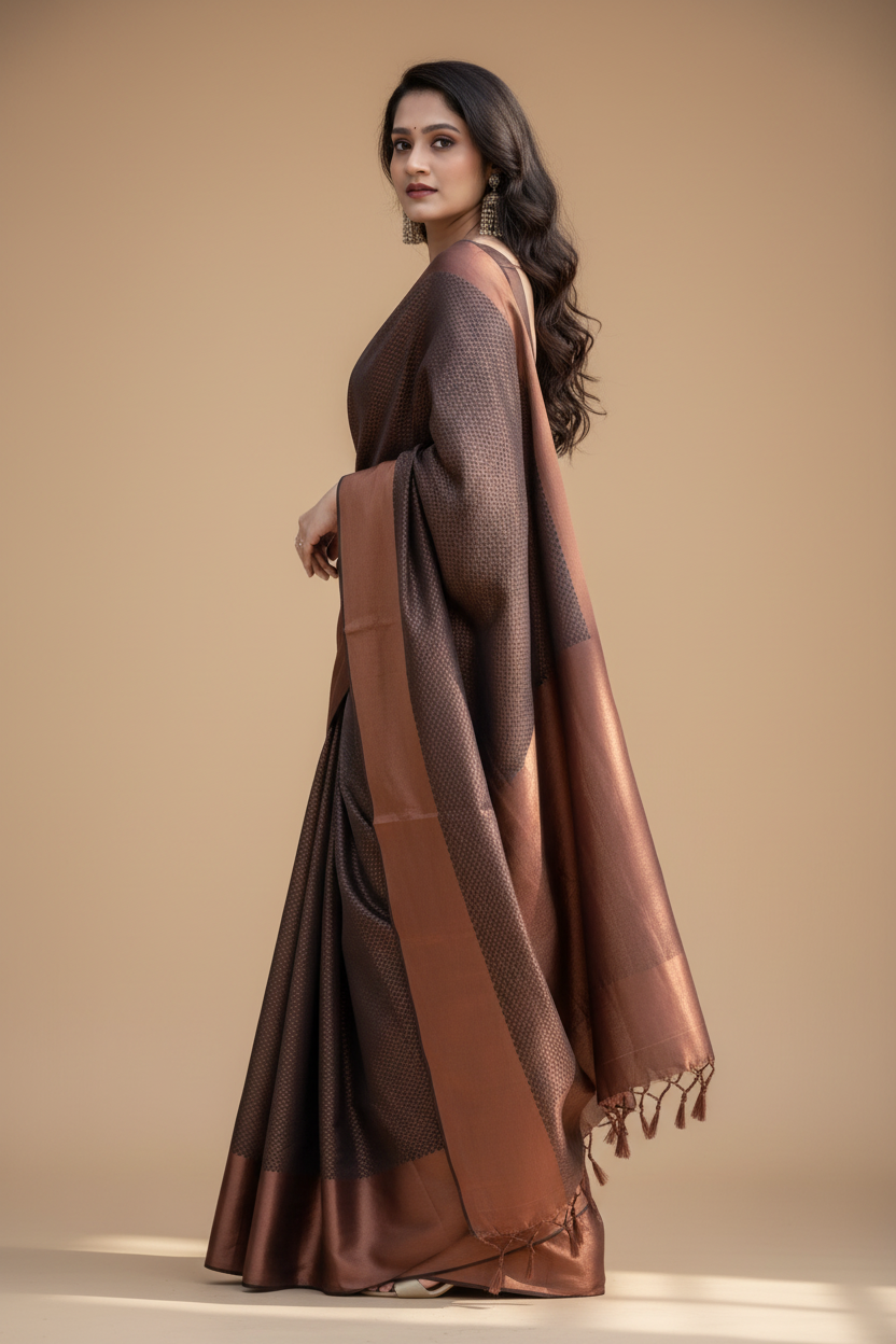 Snuggle Spot Women's Soft Lichi Silk Printed Saree With Unstitched Blouse 5.5Mtr (Brown)